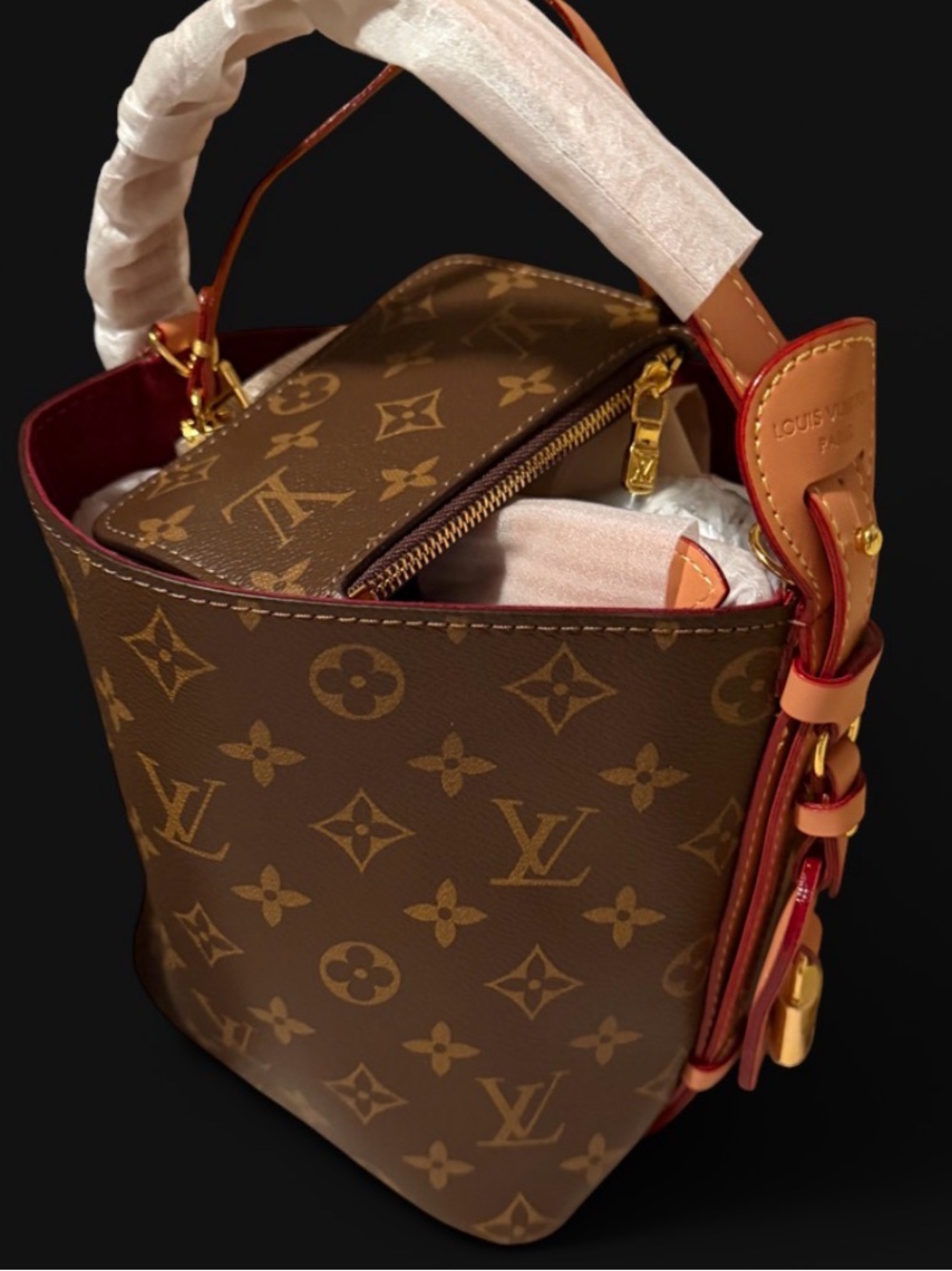 Fashionable Brown Monogram Canvas Bucket Tote with Tan Trim